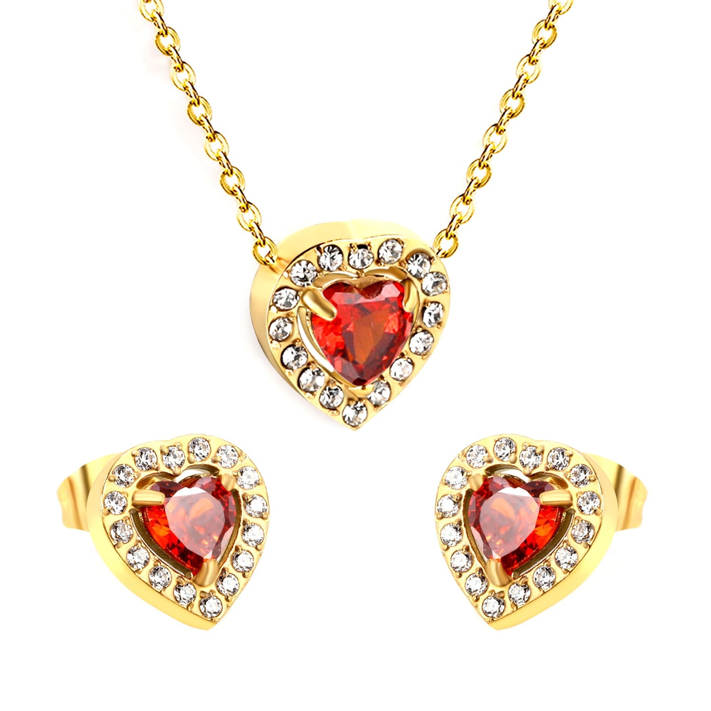 9.7*10.5mm heart shaped pomegranate red zirconium with white zirconium hoop earrings + necklace cross chain 0.3*44+5cm+6mm round end plate Set Steel/Golden color