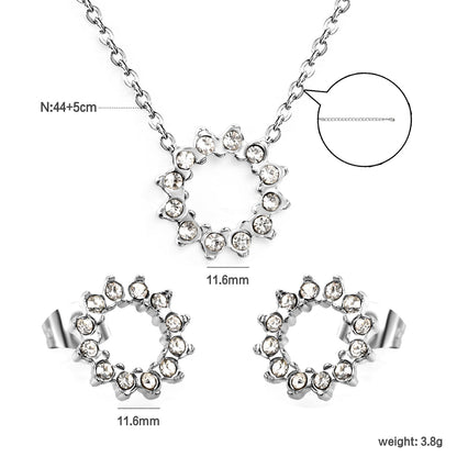 11.6mm Lace Circle with White Zirconium Stud Earrings + Necklace Cross Chain 0.3*44+5cm+6mm Round End Plate Set Steel/Golden