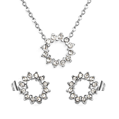 11.6mm Lace Circle with White Zirconium Stud Earrings + Necklace Cross Chain 0.3*44+5cm+6mm Round End Plate Set Steel/Golden