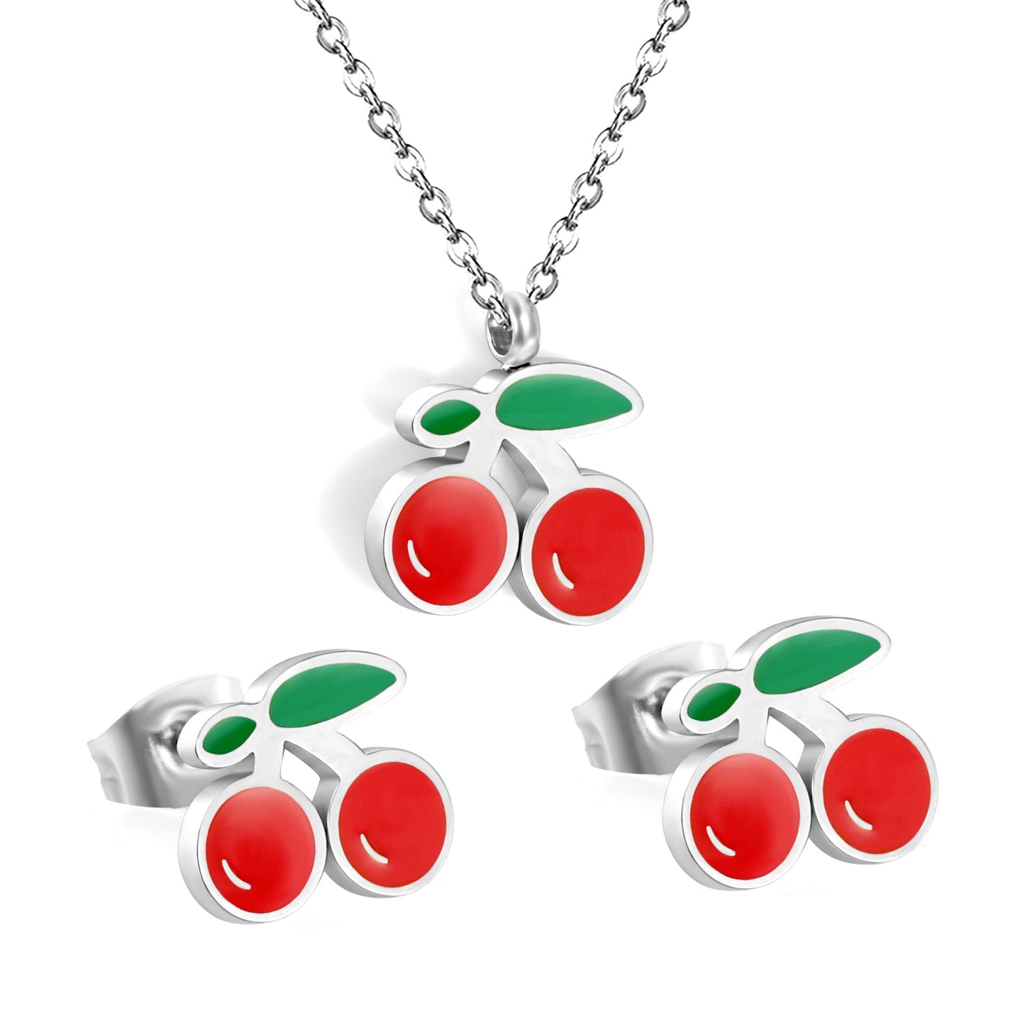 Cherry with red oil drops set Steel color/golden 0.3 cross 40+5cm+6mm round plaque earrings: 10.3*9mm pendant: 12.2*11mm