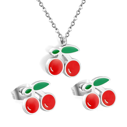 Cherry with red oil drops set Steel color/golden 0.3 cross 40+5cm+6mm round plaque earrings: 10.3*9mm pendant: 12.2*11mm