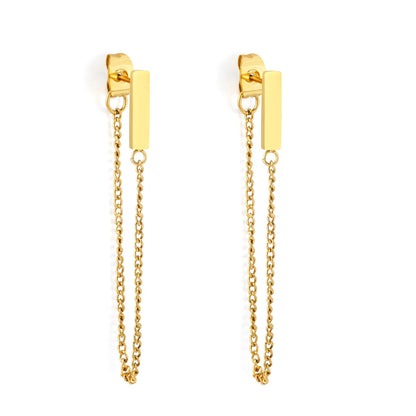 Minimalist Vertical Bar Double Tassel Chain Drop Earrings 2.8x12mm Rectangle Bar 8cm Long Chain 18K Gold Plated Jewelry