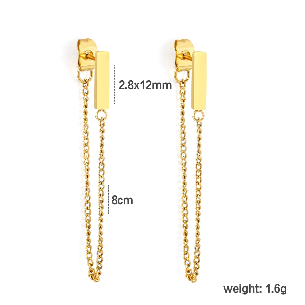 Minimalist Vertical Bar Double Tassel Chain Drop Earrings 2.8x12mm Rectangle Bar 8cm Long Chain 18K Gold Plated Jewelry