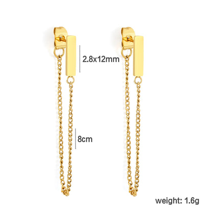 Minimalist Vertical Bar Double Tassel Chain Drop Earrings 2.8x12mm Rectangle Bar 8cm Long Chain 18K Gold Plated Jewelry