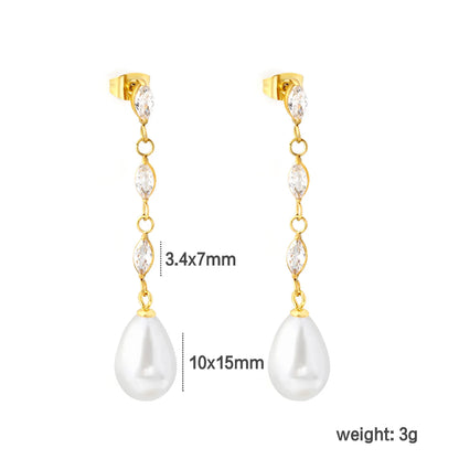 Luxury Linear Marquise Zircon Drop Pearl Earrings Long Chain Wedding Bridal Ear Jewelry