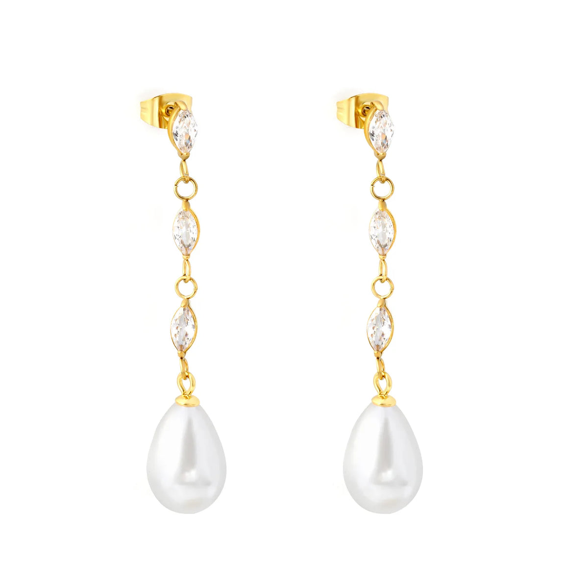 Luxury Linear Marquise Zircon Drop Pearl Earrings Long Chain Wedding Bridal Ear Jewelry
