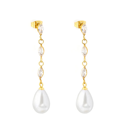 Luxury Linear Marquise Zircon Drop Pearl Earrings Long Chain Wedding Bridal Ear Jewelry