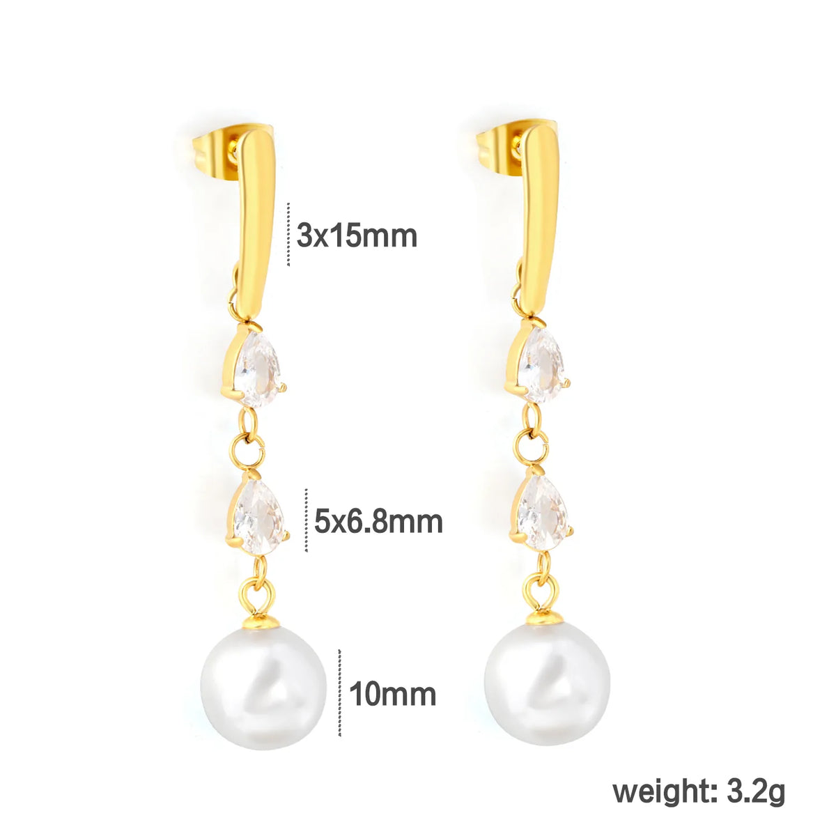 Elegant Teardrop Zircon Pearl Drop Earrings 3x15mm Bar 5x6.8mm CZ 10mm Pearl 18K Gold Plated | Wholesale MOQ 12