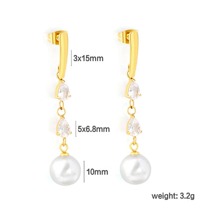 Elegant Teardrop Zircon Pearl Drop Earrings 3x15mm Bar 5x6.8mm CZ 10mm Pearl 18K Gold Plated | Wholesale MOQ 12