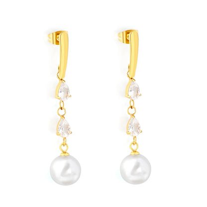 Elegant Teardrop Zircon Pearl Drop Earrings 3x15mm Bar 5x6.8mm CZ 10mm Pearl 18K Gold Plated | Wholesale MOQ 12