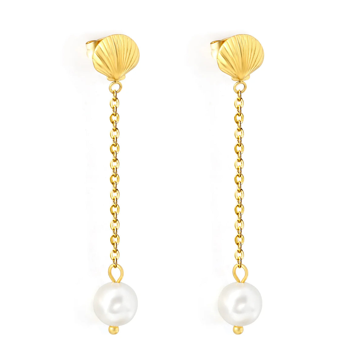 Beach Inspired Seashell Pearl Dangle Earrings Long Chain 18K Gold Plated Summer Ear Jewelry | Wholesale MOQ 12