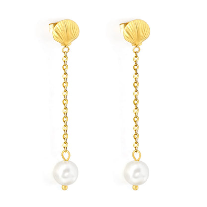 Beach Inspired Seashell Pearl Dangle Earrings Long Chain 18K Gold Plated Summer Ear Jewelry | Wholesale MOQ 12