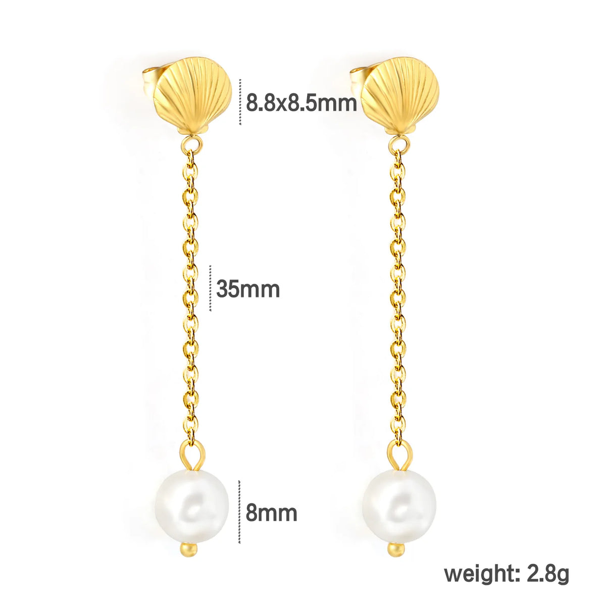 Beach Inspired Seashell Pearl Dangle Earrings Long Chain 18K Gold Plated Summer Ear Jewelry | Wholesale MOQ 12