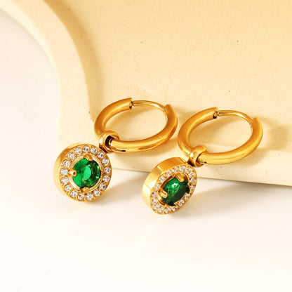 Wire 2*14mm O.D. earrings + 9.7mm round pink zirconia/emerald green glass + CNC drilling white zirconium hoop fittings Gold color