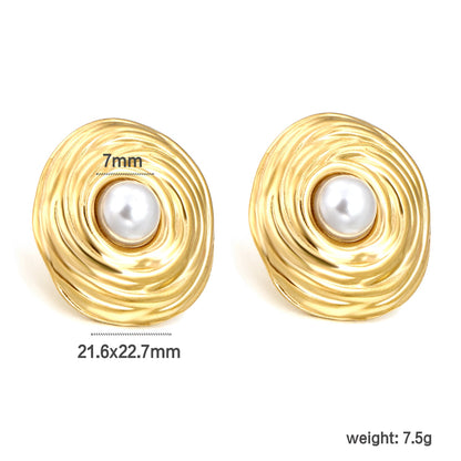 21.6*22.7mm Textured Irregular Round with 7mm Halved White Gum Bead Stud Earrings Gold