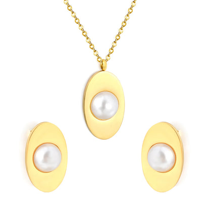 Minimalist Oval Pearl Jewelry Set | 15x24mm 18K Gold Plated Pendant Necklace & Stud Earrings | 40+5cm Chain