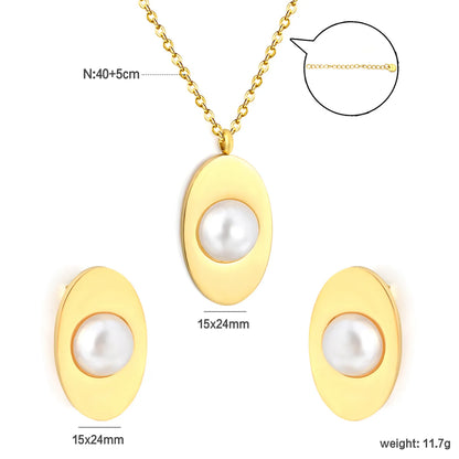 Minimalist Oval Pearl Jewelry Set | 15x24mm 18K Gold Plated Pendant Necklace & Stud Earrings | 40+5cm Chain