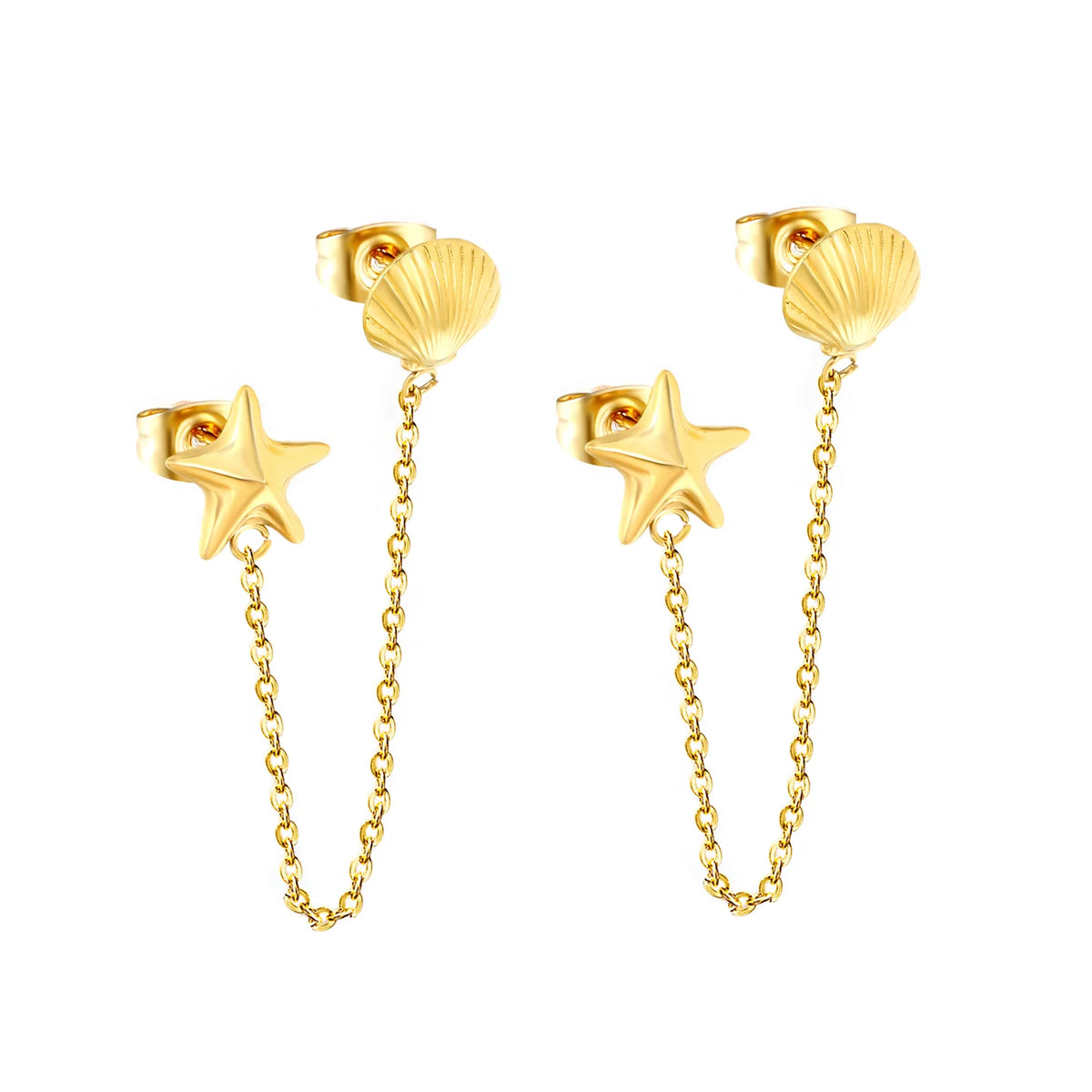 Dainty Starfish Shell Linked Chain Stud Earrings 10mm Starfish 8.8x8.5mm Seashell 6cm Connecting Chain