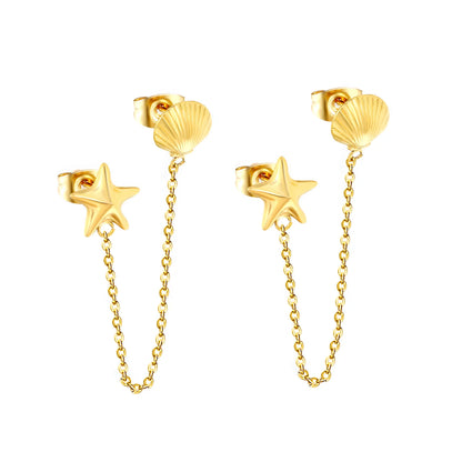 Dainty Starfish Shell Linked Chain Stud Earrings 10mm Starfish 8.8x8.5mm Seashell 6cm Connecting Chain