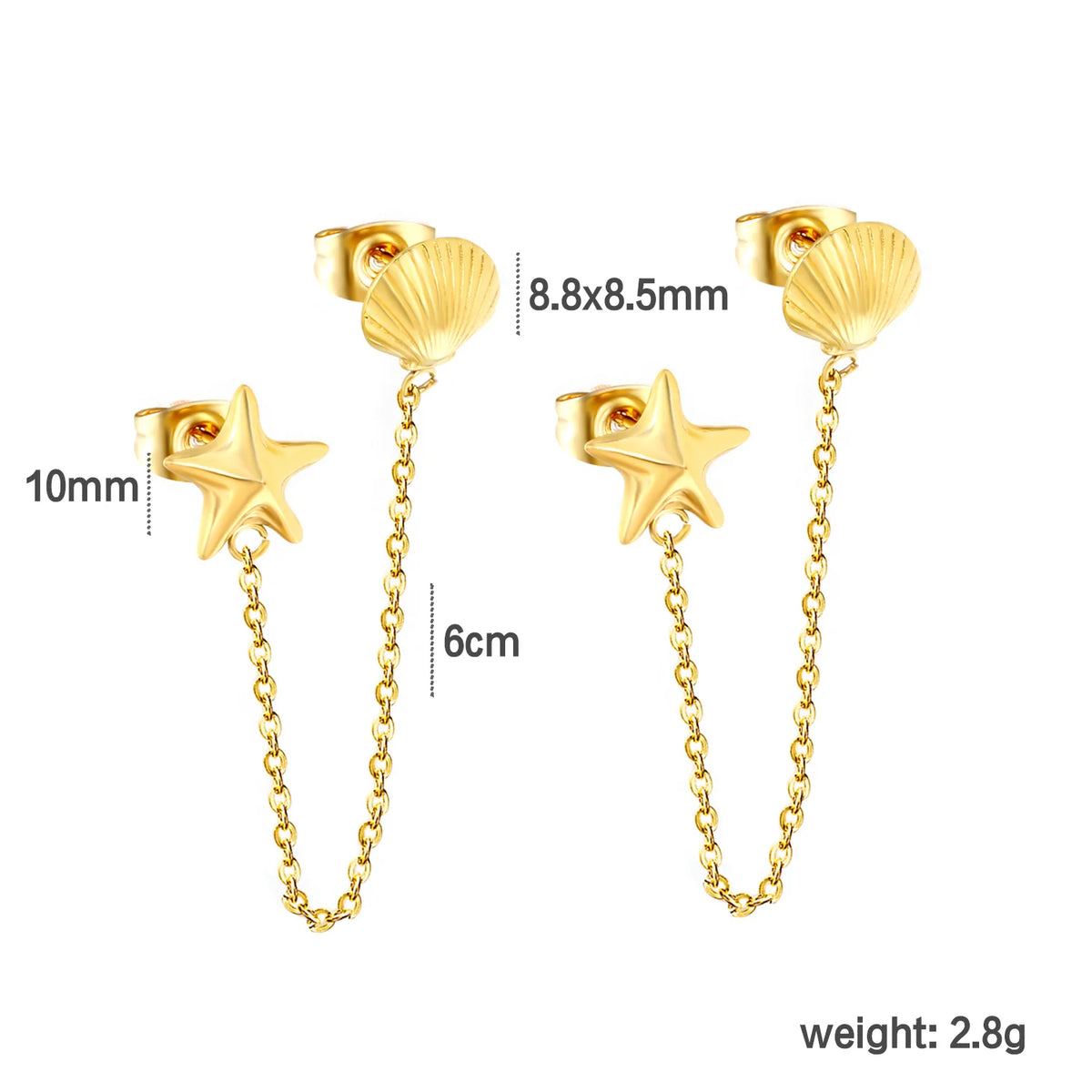 Dainty Starfish Shell Linked Chain Stud Earrings 10mm Starfish 8.8x8.5mm Seashell 6cm Connecting Chain