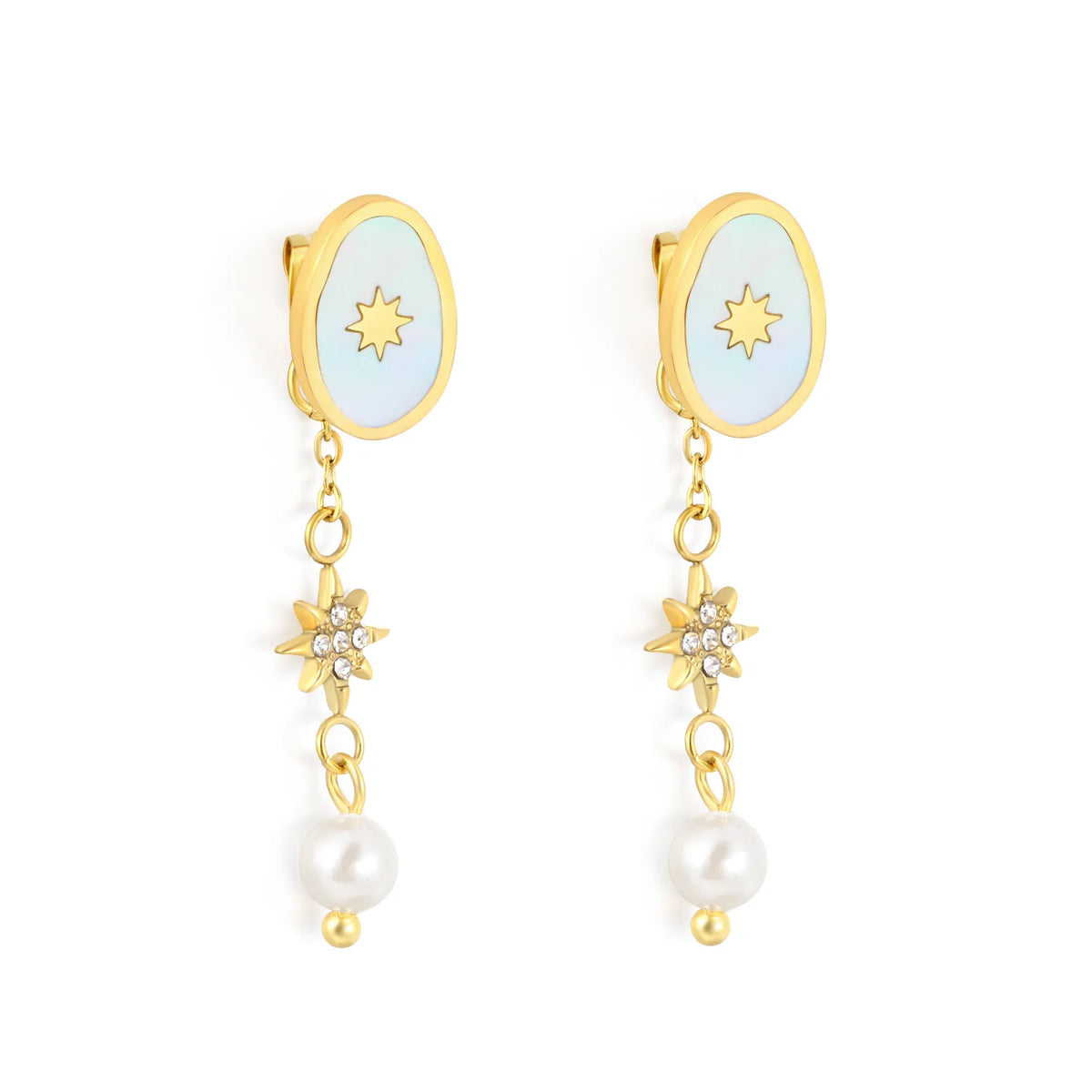 Celestial Eight-Pointed Star Mother Of Pearl Drop Earrings 8.5x12mm Irregular Oval Shell 8mm CZ Star 5mm Pearl 18K Gold Plated