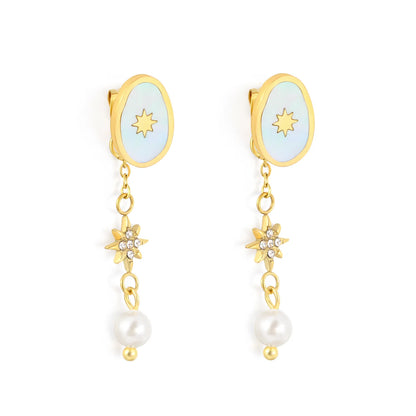 Celestial Eight-Pointed Star Mother Of Pearl Drop Earrings 8.5x12mm Irregular Oval Shell 8mm CZ Star 5mm Pearl 18K Gold Plated