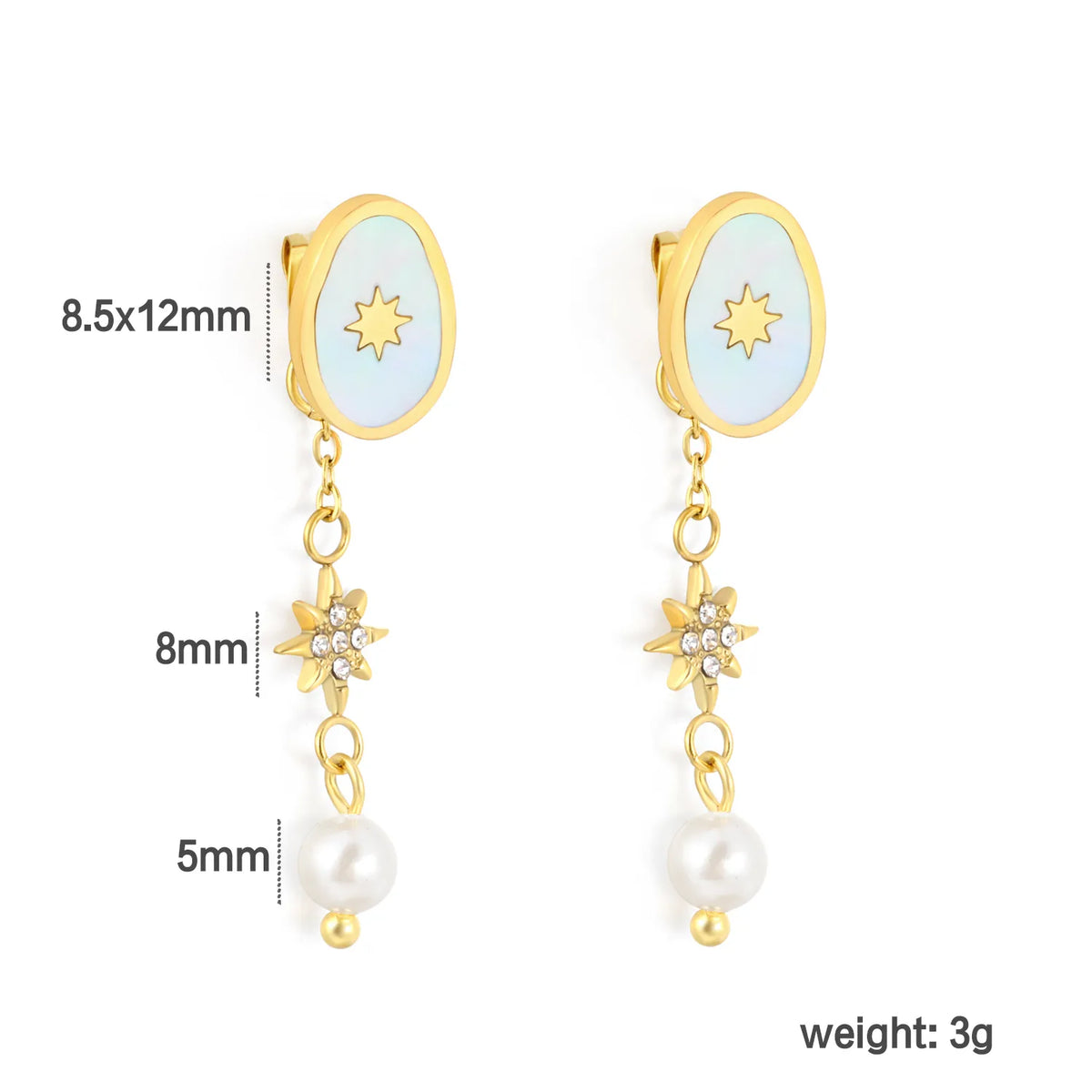 Celestial Eight-Pointed Star Mother Of Pearl Drop Earrings 8.5x12mm Irregular Oval Shell 8mm CZ Star 5mm Pearl 18K Gold Plated