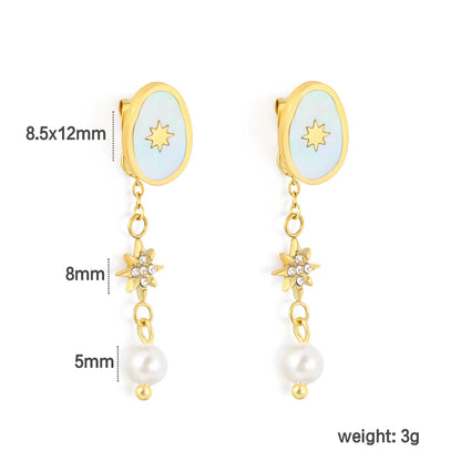 Celestial Eight-Pointed Star Mother Of Pearl Drop Earrings 8.5x12mm Irregular Oval Shell 8mm CZ Star 5mm Pearl 18K Gold Plated