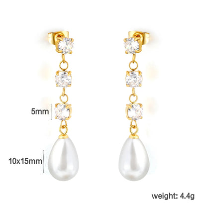 Elegant Square CZ Teardrop Pearl Dangle Earrings 5mm Square Zircon 10x15mm Pearl 18K Gold Plated