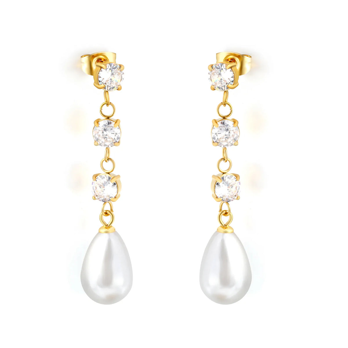 Elegant Square CZ Teardrop Pearl Dangle Earrings 5mm Square Zircon 10x15mm Pearl 18K Gold Plated
