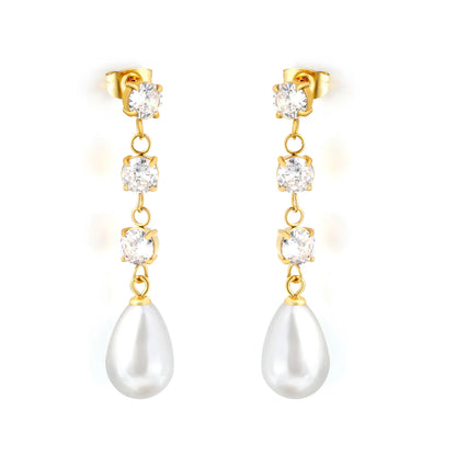 Elegant Square CZ Teardrop Pearl Dangle Earrings 5mm Square Zircon 10x15mm Pearl 18K Gold Plated