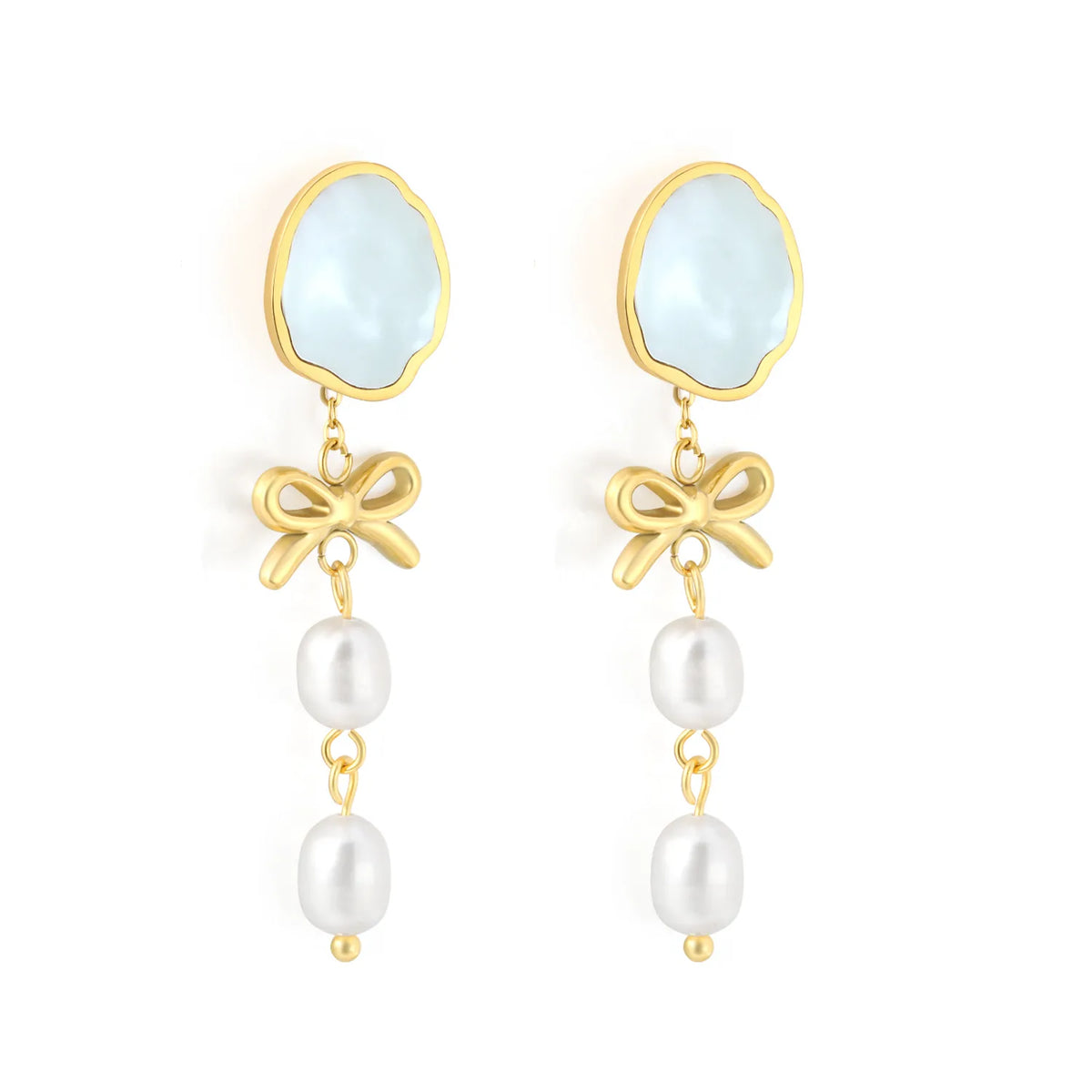 Vintage Sweet Bow Rice Pearl Dangle Earrings Natural Shell Inlay Long Statement Earrings | 18K Gold Plated Jewelry