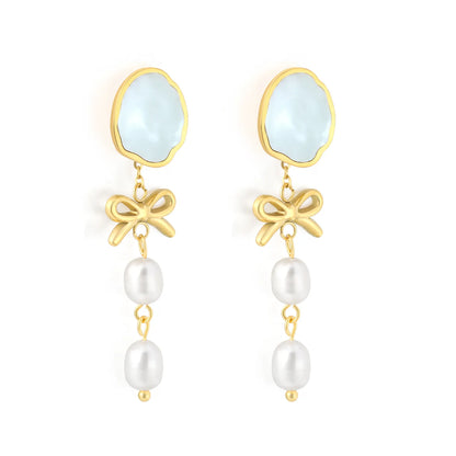 Vintage Sweet Bow Rice Pearl Dangle Earrings Natural Shell Inlay Long Statement Earrings | 18K Gold Plated Jewelry