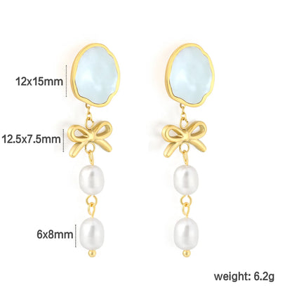 Vintage Sweet Bow Rice Pearl Dangle Earrings Natural Shell Inlay Long Statement Earrings | 18K Gold Plated Jewelry