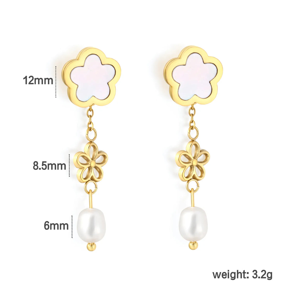 Dainty Layered Floral Shell Dangle Earrings Hollow Flower Charm Freshwater Pearl Drop Earrings
