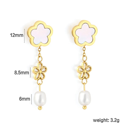 Dainty Layered Floral Shell Dangle Earrings Hollow Flower Charm Freshwater Pearl Drop Earrings