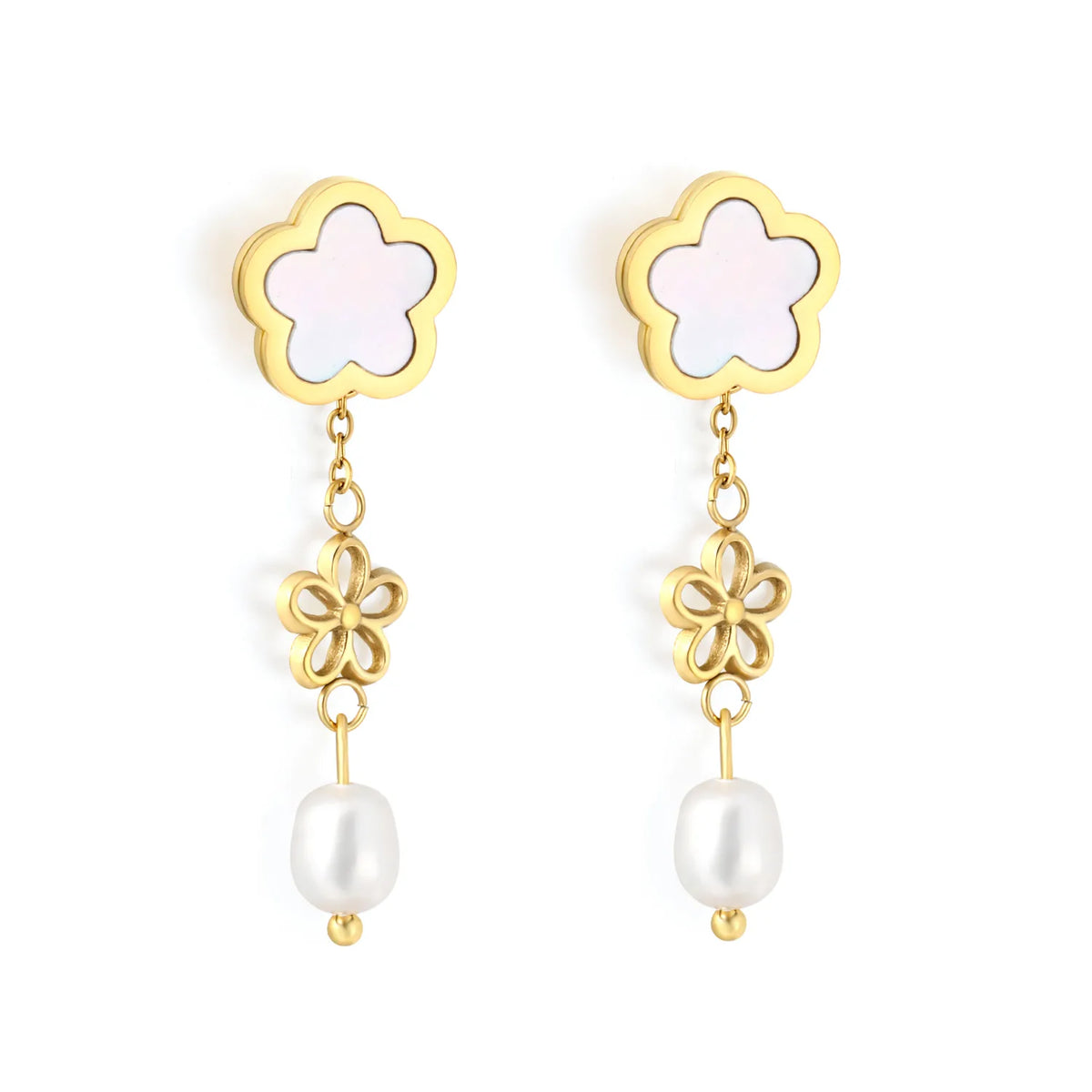 Dainty Layered Floral Shell Dangle Earrings Hollow Flower Charm Freshwater Pearl Drop Earrings