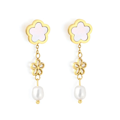Dainty Layered Floral Shell Dangle Earrings Hollow Flower Charm Freshwater Pearl Drop Earrings