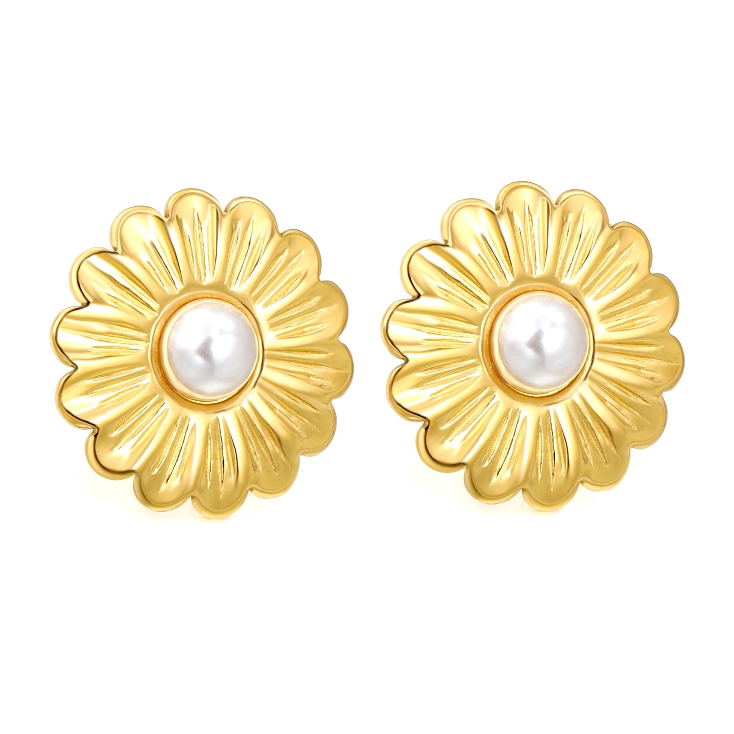 25.2mm Daisy with 7.5mm half white glue bead stud earrings gold color