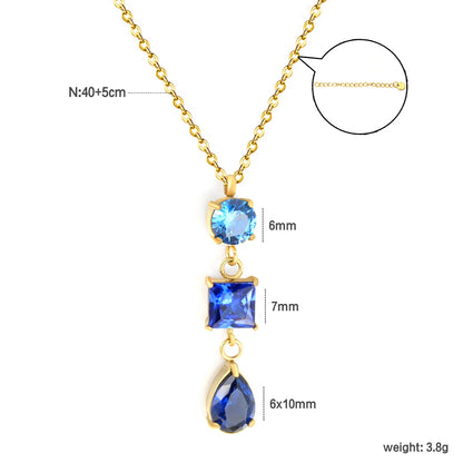 Elegant Tiered Blue Zircon Drop Pendant Y Shape Necklace | 40+5cm Adjustable Chain