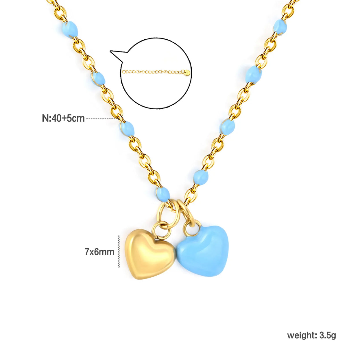 Double Heart Enamel Pendant Necklace | 7x6mm Twin Heart Charms | 40+5cm Beaded Chain | Blue & Pink Option