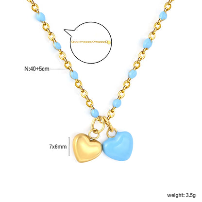 Double Heart Enamel Pendant Necklace | 7x6mm Twin Heart Charms | 40+5cm Beaded Chain | Blue & Pink Option