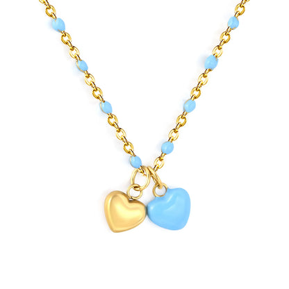 Double Heart Enamel Pendant Necklace | 7x6mm Twin Heart Charms | 40+5cm Beaded Chain | Blue & Pink Option
