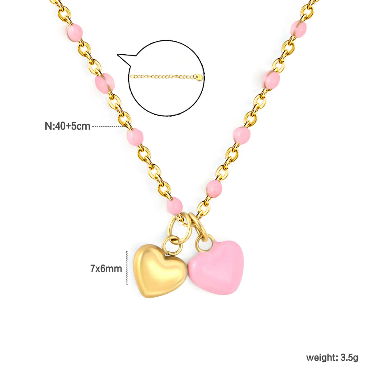Double Heart Enamel Pendant Necklace | 7x6mm Twin Heart Charms | 40+5cm Beaded Chain | Blue & Pink Option