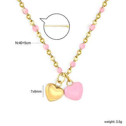 Double Heart Enamel Pendant Necklace | 7x6mm Twin Heart Charms | 40+5cm Beaded Chain | Blue & Pink Option