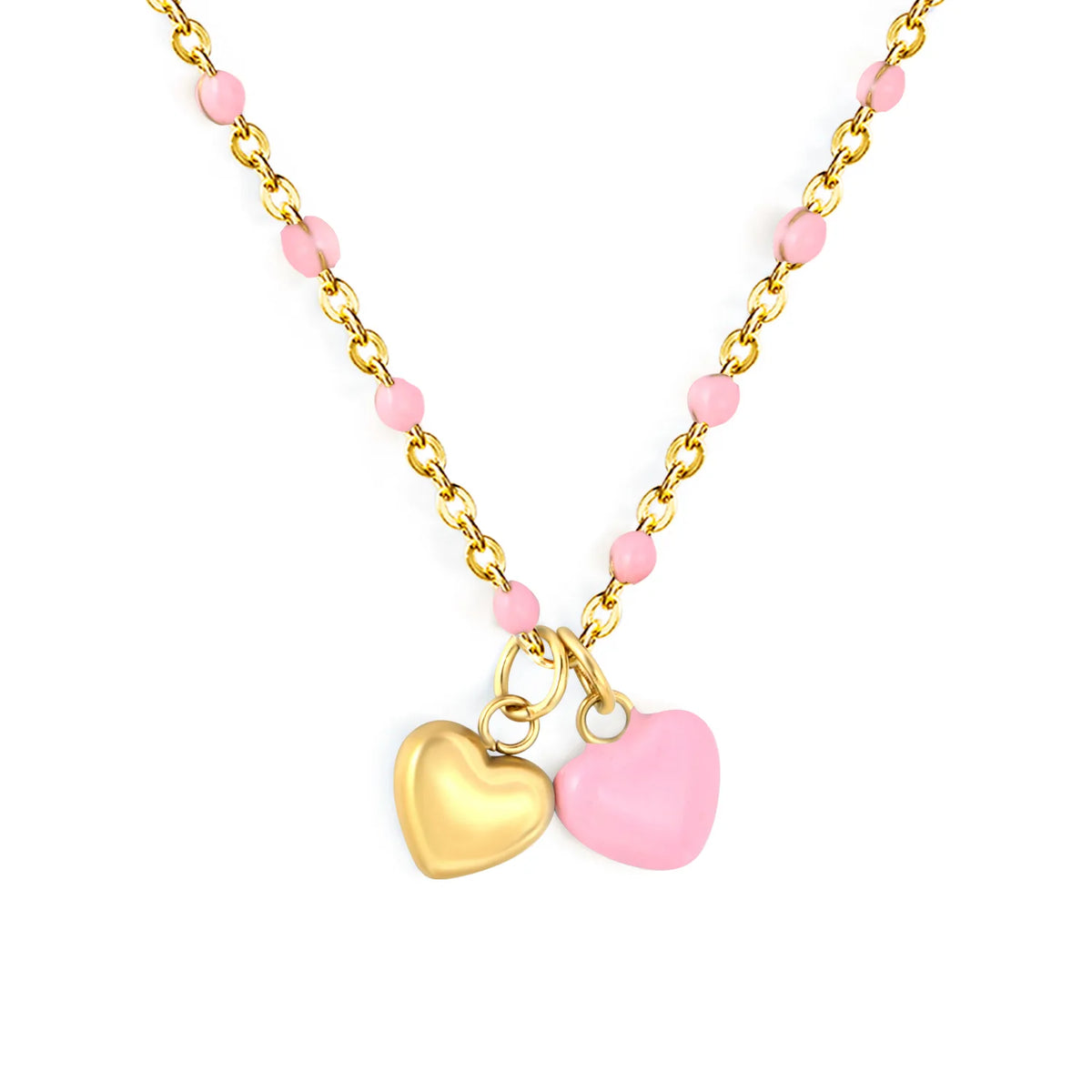 Double Heart Enamel Pendant Necklace | 7x6mm Twin Heart Charms | 40+5cm Beaded Chain | Blue & Pink Option