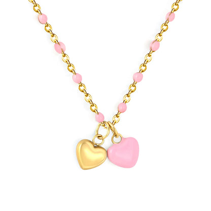 Double Heart Enamel Pendant Necklace | 7x6mm Twin Heart Charms | 40+5cm Beaded Chain | Blue & Pink Option