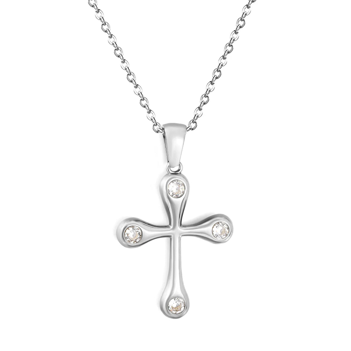 Soft Edge Zircon Cross Pendant Necklace | 20x25mm Four Stone Cross Charm | 40+5cm Adjustable Chain | Gold & Silver Tone