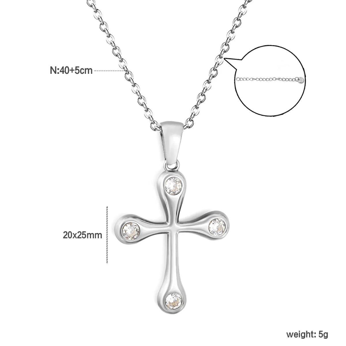 Soft Edge Zircon Cross Pendant Necklace | 20x25mm Four Stone Cross Charm | 40+5cm Adjustable Chain | Gold & Silver Tone