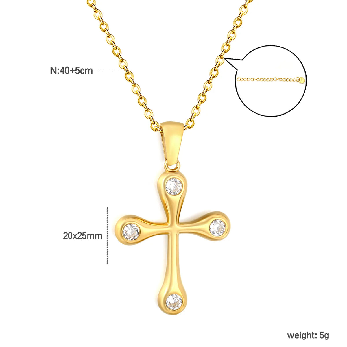 Soft Edge Zircon Cross Pendant Necklace | 20x25mm Four Stone Cross Charm | 40+5cm Adjustable Chain | Gold & Silver Tone